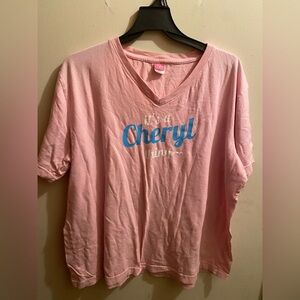 Pink V-Neck T-Shirt with Blue Text